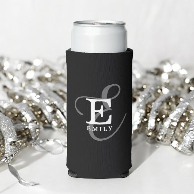 Unique Stylish Name and Monogram Typography Black Seltzer Can Cooler (Creator Uploaded)