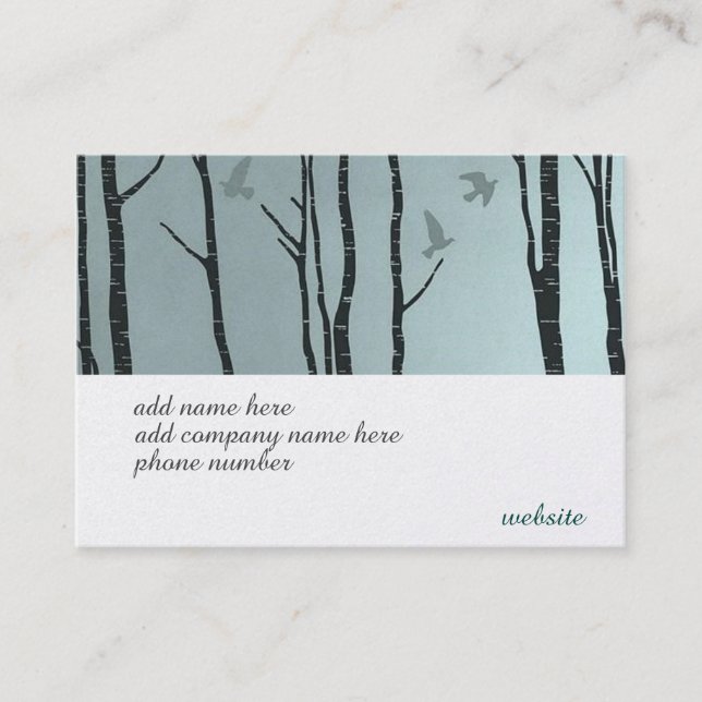 Unique, stylish silver birch bird business card (Front)