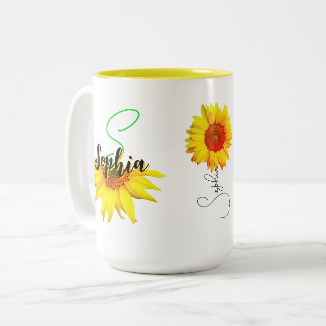 Unique Sunflower Coffee Mug (Name, Monogram Gift) (Front Left)