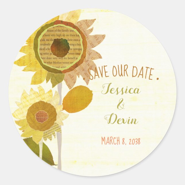Unique Sunflower Wedding Save the Date Classic Round Sticker (Front)