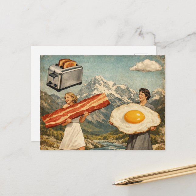 Unique Surreal Breakfast Woman Bacon and Eggs  Postcard (Front/Back In Situ)