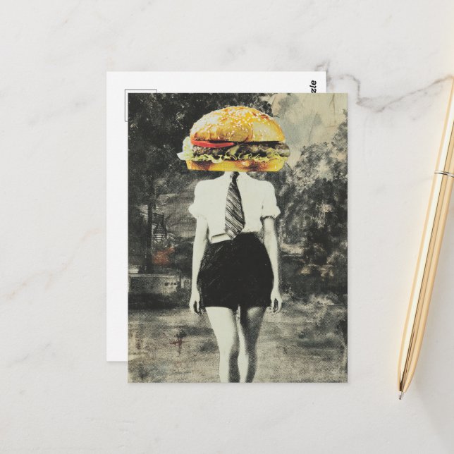 Unique Surreal Cheeseburger Woman Mixed Media Postcard (Front/Back In Situ)