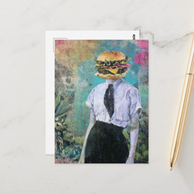 Unique Surreal Cheeseburger Woman With Plants Postcard (Front/Back In Situ)