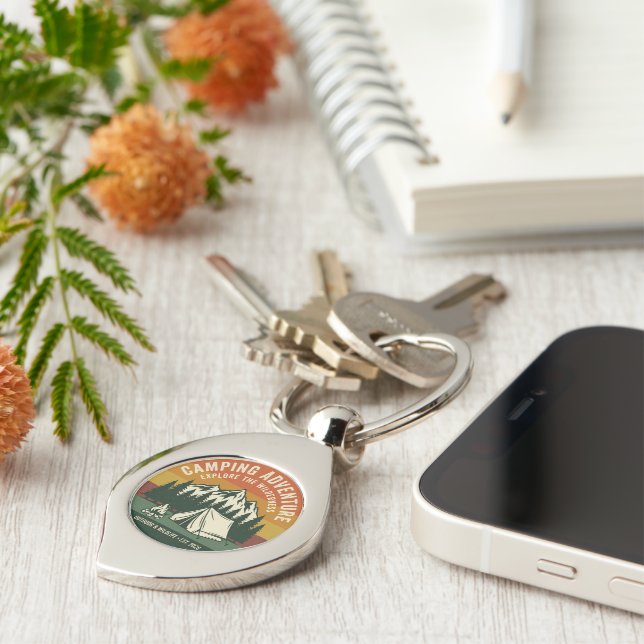Unique Swirl Camping Adventure Retro Mountain Key Ring (Side)