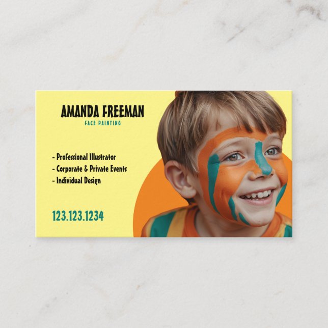 Unique Teal and Yellow Artist Face Painter Business Card (Front)