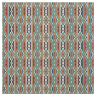 Unique Teal Blue Red Orange Tribal Mosaic Fabric