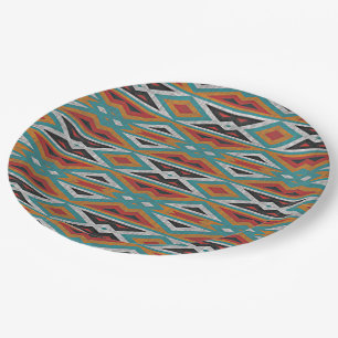Unique Teal Blue Red Orange Tribal Mosaic Paper Plate