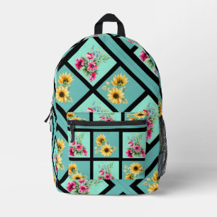 Unique Teal on Black Floral Tile Pattern Printed Backpack