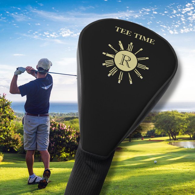 Unique Tee Time Clock Monogram Black Gold Golf Head Cover (Creator Uploaded)