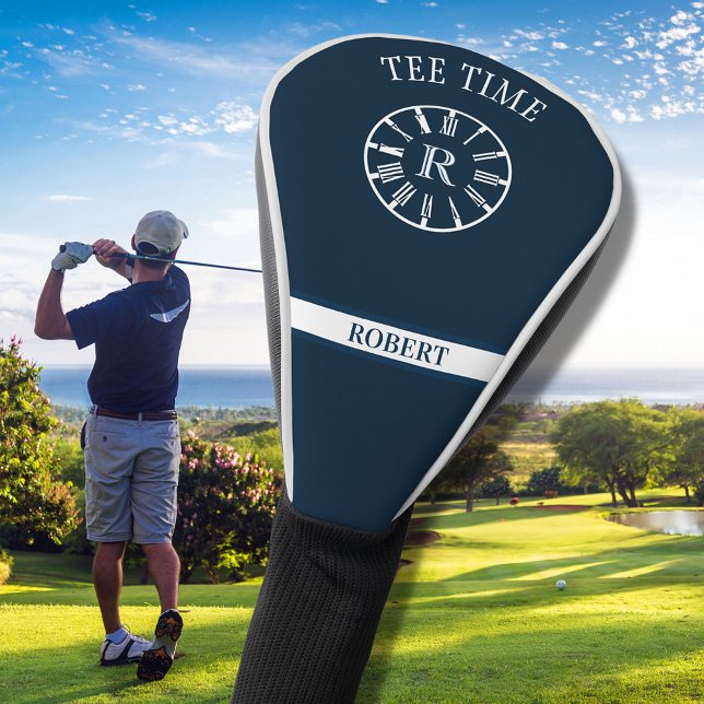 Unique Tee Time Clock Monogram Blue White Name Golf Head Cover (Creator Uploaded)