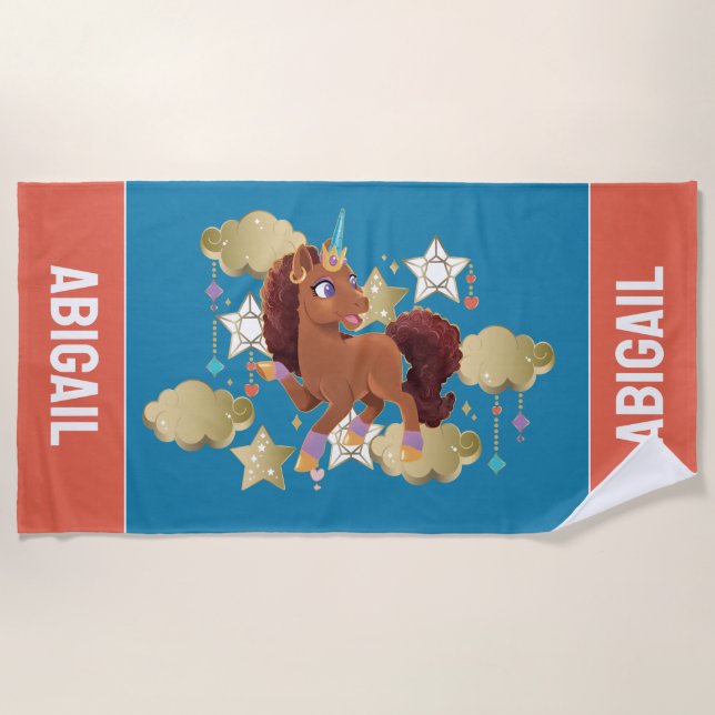 Unique the Unicorn Stars & Clouds Beach Towel (Front)