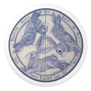 Unique Three Hares Rabbits Share Ears Medium Blue Ceramic Knob