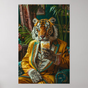 Unique Tiger Dressed Like a Person Drinking Coffee Poster