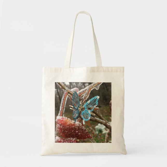 Unique tote bag with butterfly and ice photograph (Front)