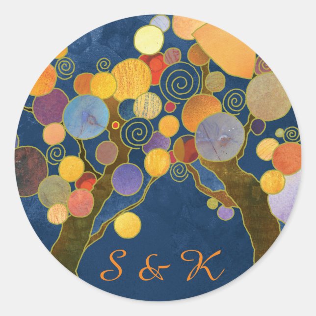 Unique Trees Blue Wedding Favour Classic Round Sticker (Front)