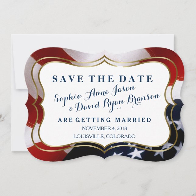 Unique, trendy USA flag Wedding Save The Date (Front)