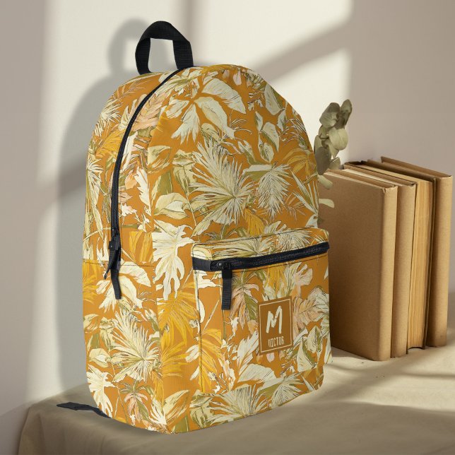Unique Tropical Leaf Yellow Modern Personalised Printed Backpack (Unique modern tropical leaf yellow personalized printed backpack, back to school, student, travel)