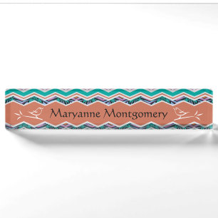 Unique Turquoise and Brown Birds Zigzag Pattern Nameplate