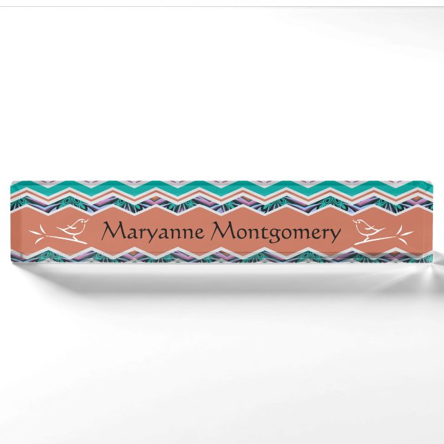 Unique Turquoise and Brown Birds Zigzag Pattern Nameplate (Front)