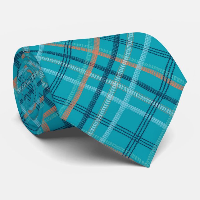 Unique Turquoise Blue Plaid Tie (Rolled)
