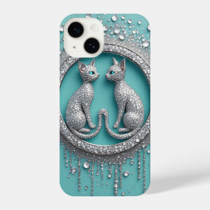 Unique Twin Crystal Cat Ornament Jewellery Sculptu iPhone 14 Case