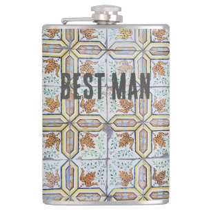 Unique Vintage Blue Portuguese Tile Best Man Hip Flask
