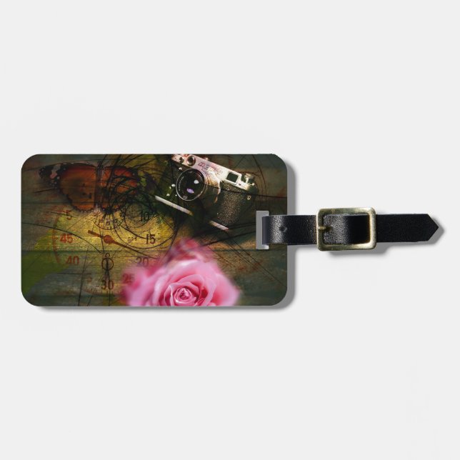 Unique vintage camera, clock and flower luggage tag (Front Horizontal)