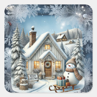 Unique vintage Christmas Scenery Paper Plates Square Sticker