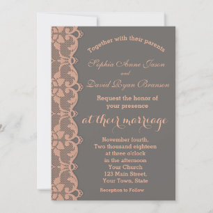 Unique Vintage Peach Grey Lace Wedding Invitation