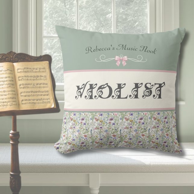 Unique Viola Wildflower Music Nook Cushion (A sophisticated sage green viola accent decor for her rehearsal room. )