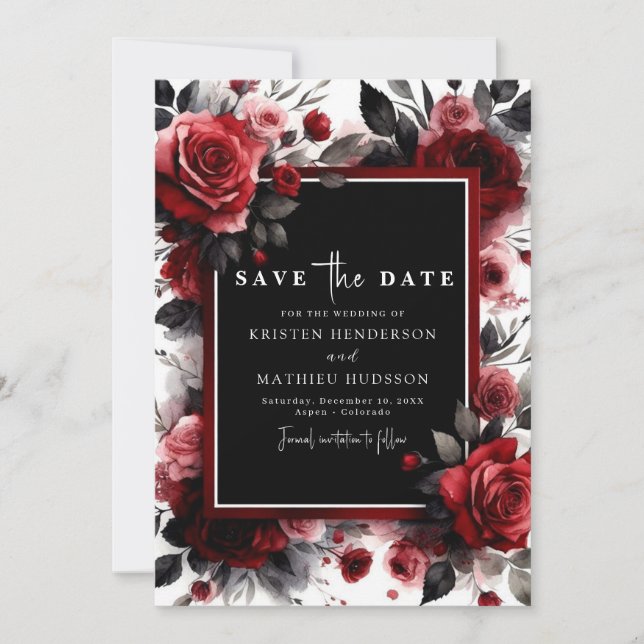Unique Watercolor Crimson Red Wedding Save The Date (Front)