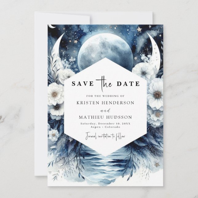 Unique Watercolor Moonlit Wedding Save The Date (Front)