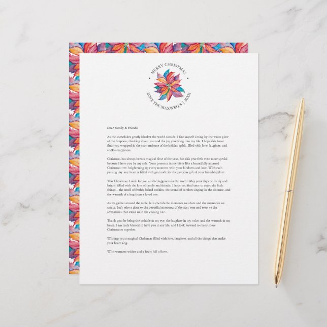 Unique Watercolor Poinsettia Christmas Letter Custom Letterhead (Front/Back In Situ)