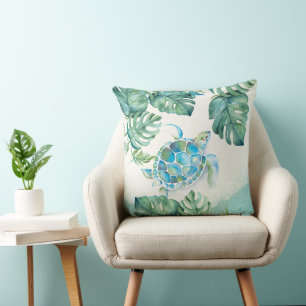 Unique Watercolor Sea Turtle on Palm Leaves Cushion