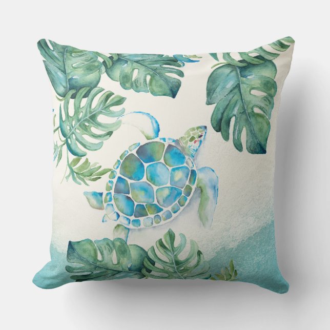 Unique Watercolor Sea Turtle on Palm Leaves Cushion (Front)