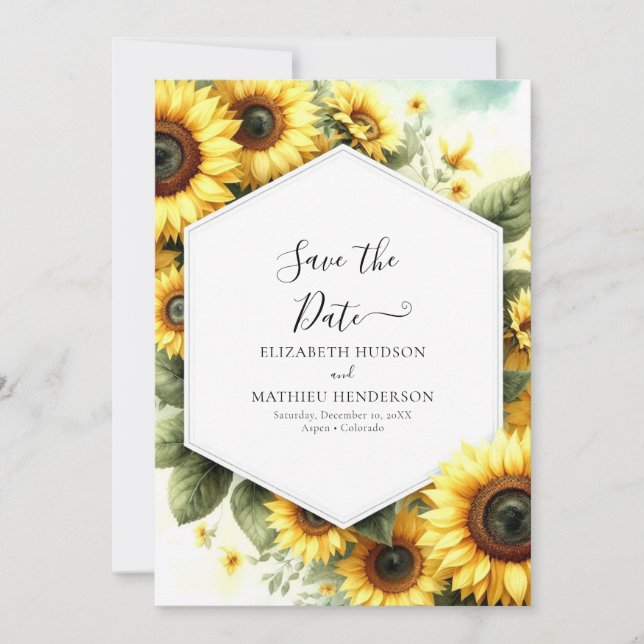 Unique Watercolor Sunflower Wedding Save The Date (Front)