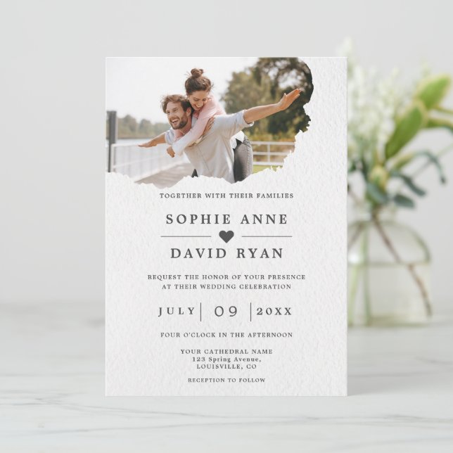 Unique Watercolor Torn Paper Photo Wedding  Invitation (Standing Front)