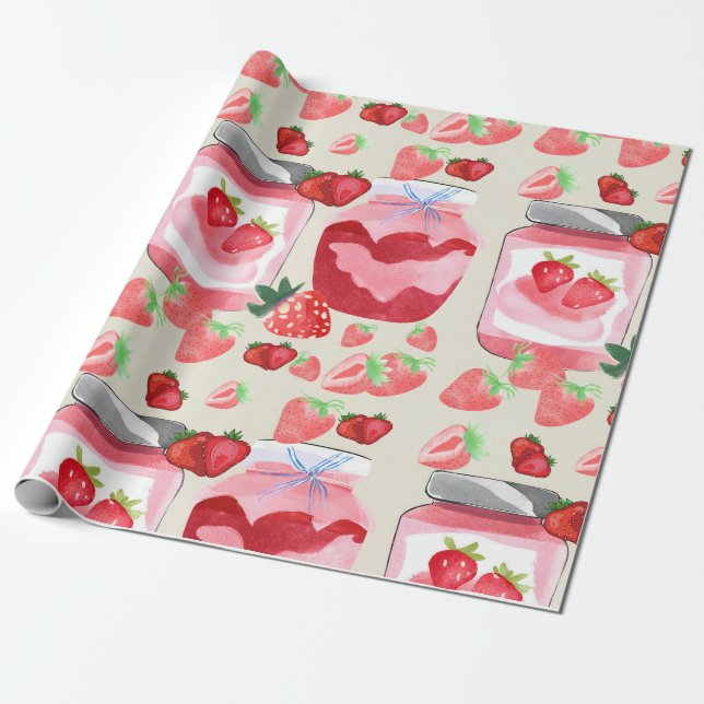 Unique Watercolour Red Strawberry Jam  Wrapping Paper (Unrolled)