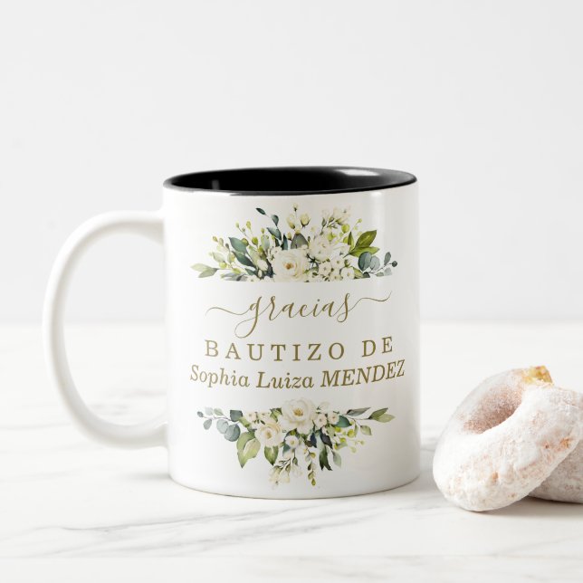 Unique Watercolour White Flowers Spanish Bautizo Two-Tone Coffee Mug (With Donut)
