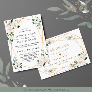 Unique Watercolour White Magnolia Gold Wedding Invitation