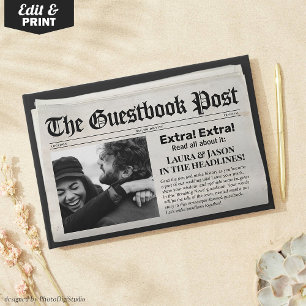 Unique Wedding Guestbook Black Newspaper Style 