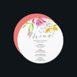 Unique Wedding Menu Card Designs Floral<br><div class="desc">This unique wedding menu card design features unique watercolor florals in shades of pink and orange. Use the template fields to DIY your personalised details and custom menu. The elegant round design is a charming choice for rustic and garden weddings. To see more wedding menu card ideas like this visit...</div>