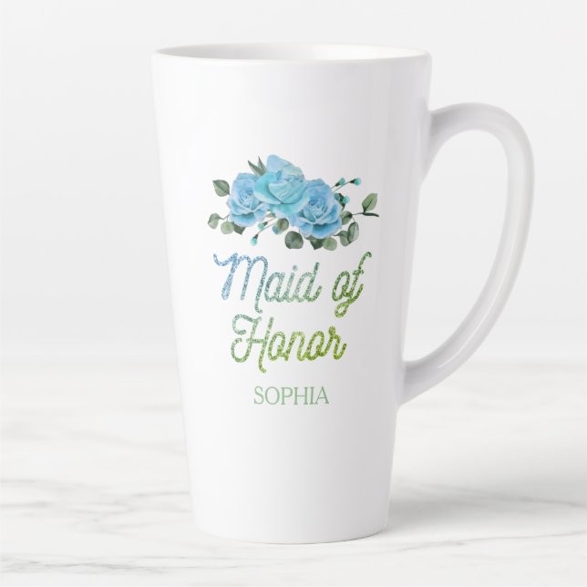 Unique Wedding Rustic Blue Roses Maid of Honour   Latte Mug (Right)