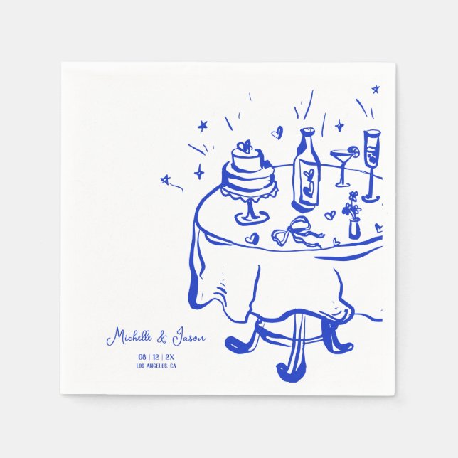 Unique Whimsical Blue Hand Drawn French Bow Photo Napkin (Front)
