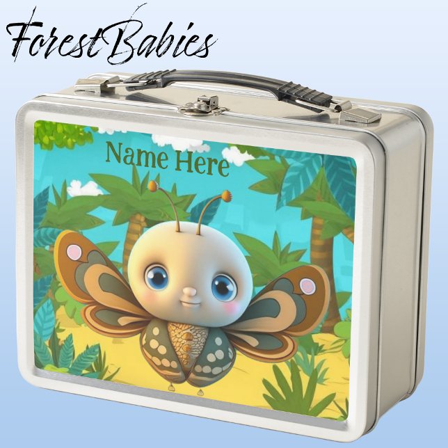 Unique Whimsical Boy Butterfly Cartoon Graphic Metal Lunch Box (Butterfly, Silver Customizable ForestBabies Lunch Box)