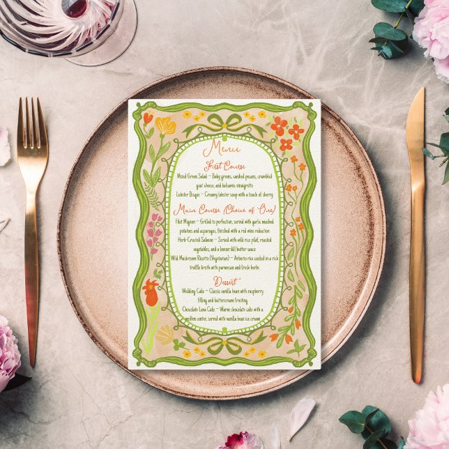 Unique Whimsical Floral Bow Doodle Hand Drawn  Menu (quirky floral hand drawn colorful wedding menu)