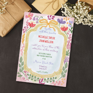 Unique Whimsical Floral Fun Colourful Hand Drawn  Invitation