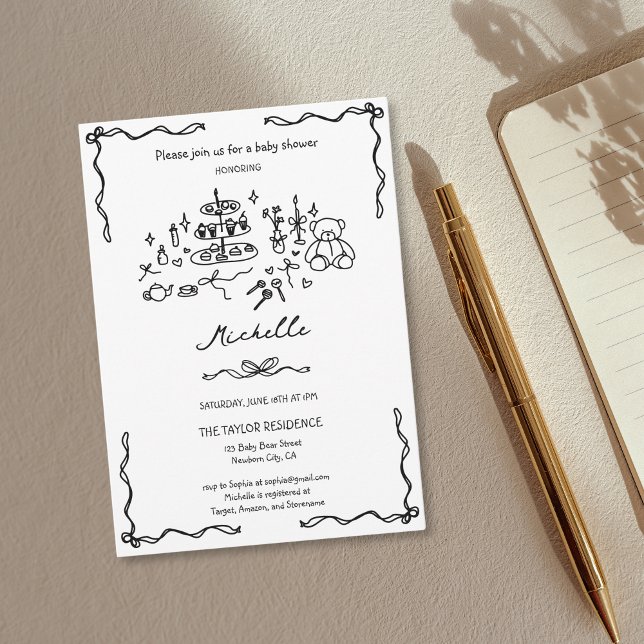 Unique Whimsical Hand Drawn Doodle Baby Shower Invitation (cute whimsical hand drawn doodle for baby shower invitation with cake, cookies, teddy bear, tea...)
