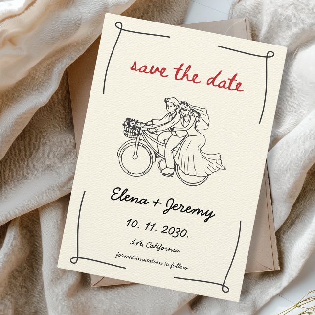 Unique Whimsical Motorcycle Hand Drawn Wedding Save The Date (Hand Drawn Wedding Save the Date Nothing Fancy just Love Motorcycle Bike Cute Whimsical Quirky)