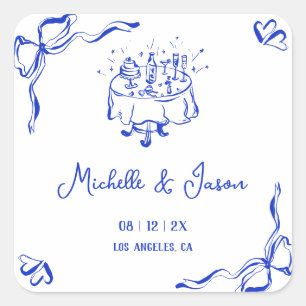 Unique Whimsical Quirky Blue Hand Drawn French Bow Square Sticker